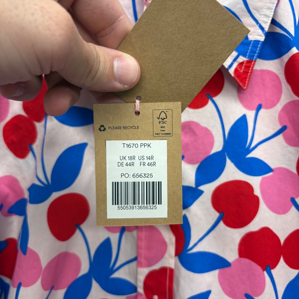 Boden Sienna Shirt Womens 14R Pink Red Blue Cherry Print Button Down NEW - Picture 3 of 10
